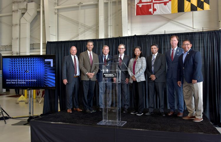 Northrop Grumman opened its digitally integrated Maryland Space Assembly and Test 2 facility on its Baltimore-Washington International campus in Linthicum. Scott Lee, Vice President and General Manager, Payload and Ground Systems, Northrop Grumman (far left), Congressman John Sarbanes, U.S. House of Representatives, Tom Riford, Assistant Secretary, Maryland Department of Commerce, Mark Caylor, Corporate Vice President and Missions Systems President, Northrop Grumman, Roshan Roeder, Vice President and General Manager, Airborne Multifunction Sensors, Northrop Grumman Mission Systems, Jay Patel, Vice President, Remote Sensing Programs, Northrop Grumman Payload and Ground Systems, Steuart Pittman, County Executive, Anne Arundel County, Maryland, and Delegate Mike Rogers, District 32 (far right) inside hangar 2 at Northrop Grumman’s Mission Systems headquarters in Linthicum, Maryland on September 19, 2022. Northrop Grumman Opens Advanced Space Assembly and Test Facility in Baltimore