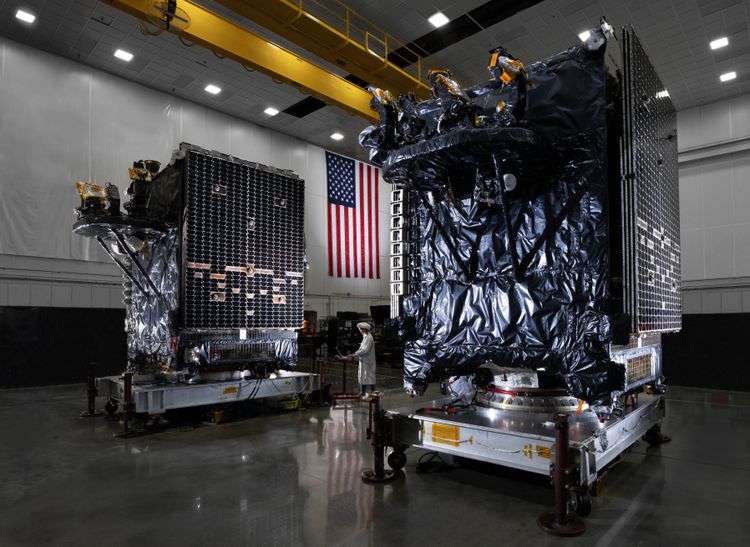 Two of Northrop Grumman’s GEOStar-3 satellites inside a clean room in Dulles, Virginia. These satellites are designed for geosynchronous missions but are highly adaptable and can operate in a variety of orbits, such as a highly elliptical orbit, for ASBM. (Photo Credit: Northrop Grumman) Northrop Grumman-Built Arctic Satellite Broadband Mission Successfully Launches to Extend Arctic Connectivity