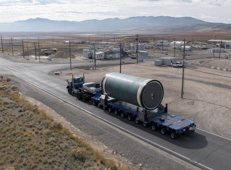 A Booster Obsolescence and Life Extension motor segment is transported to final assembly ahead of its first demonstration test scheduled for late 2024. (Photo Credit: Northrop Grumman) Northrop Grumman Completes First BOLE Solid Rocket Motor Segment for NASAs Space Launch System