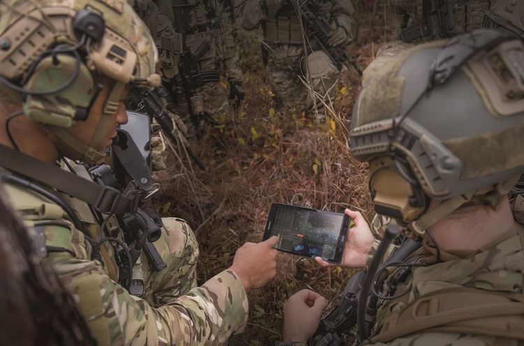 With combat edge software, critical situational awareness data can be processed at the edge and shared on low size, weight, and power (SWaP) devices. (Photo Credit: U.S. Air Force Materiel Command - photo by Tech. Sgt. Joshua J. Garcia) The images on the screen are not representative of actual software. Northrop Grumman Edge Processing Software Gives Warfighters a Decisive Advantage