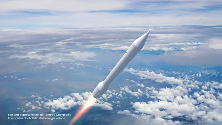 A rendering of Northrop Grumman’s new ICBM target design, which replaces the vehicle’s heritage Trident 1 C4 first stage motor with the SR119 solid rocket motor. (Credit: Northrop Grumman) Northrop Grumman Redesigning Intercontinental Ballistic Missile Target Vehicle Using Digital Technologies