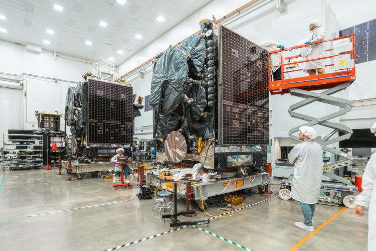 The Northrop Grumman-built ASBM-1 and ASBM-2 satellites at the company’s satellite manufacturing facility in Dulles, Virginia. (Photo Credit: Northrop Grumman) Northrop Grumman Ships Space Norways Arctic Satellite Broadband Mission Satellites to Launch Site