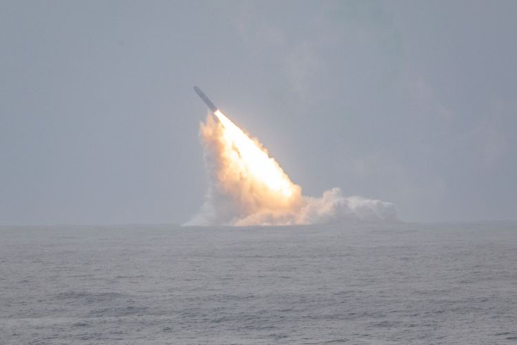 An unarmed Trident II D5 missile launches from the Ohio-class ballistic missile submarine USS Louisiana (SSBN 743). The successful test launch was part of the U.S. Navy Strategic Systems Program’s demonstration and shakedown operation certification process that certified the readiness of an SSBN crew and the operational performance of the submarine’s strategic weapons system before returning to operational availability. Northrop Grumman manufactures solid-propulsion motor systems for all three stages of the Trident II missile. (Photo Credit: U.S. Navy) Northrop Grumman Successfully Powers US Navy’s Trident II D5 Flight Tests