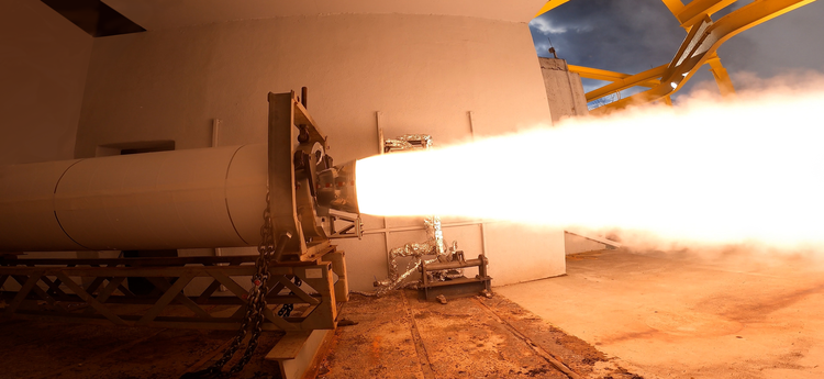 The second stage solid rocket motor completes a static fire test on November 21 in Elkton, Maryland. (Photo Credit: Northrop Grumman) Northrop Grumman Successfully Test Fires Solid Rocket Motor for US Navy