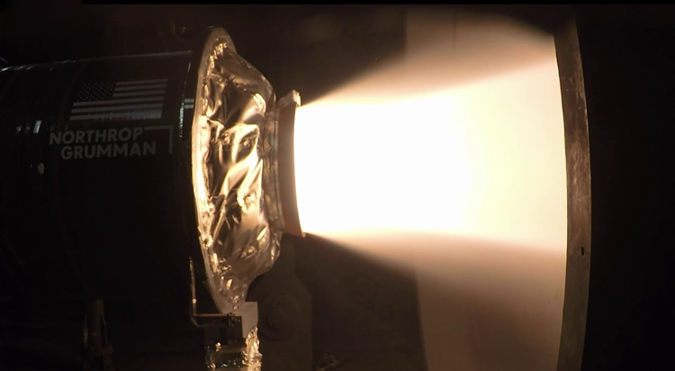 The high-performance Common 50HP upper stage solid rocket motor, developed in part for the Next Generation Interceptor pursuit, completes a successful static fire test at Arnold Engineering Development Complex. (Photo Credit: Northrop Grumman) Northrop Grumman Successfully Tests First Digitally Designed Large Solid Rocket Motor
