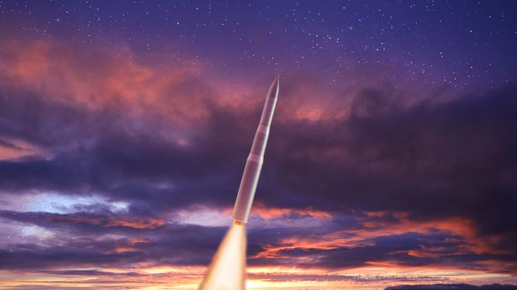 A rendering of the new LGM-35 Sentinel missile flying at twilight. (Credit: Northrop Grumman) Northrop Grumman Test Fires Full-Scale Sentinel Stage-Two Solid Rocket Motor