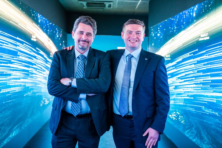 Tom Jones, left, president for Northrop Grumman Aeronautics Systems, and Blake Scholl, right, founder and Chief Executive Officer of Boom Supersonic, commemorate the collaborative agreement by both companies to work together in offering a supersonic special-mission aircraft to the U.S. government and allies during the Farnborough International Air Show on July 18. The aircraft will be based on Boom’s Overture supersonic airliner. (Photo courtesy of Boom Supersonic) Northrop Grumman and Boom Supersonic Collaborate on New Supersonic Aircraft for Quick-Reaction Missions_2