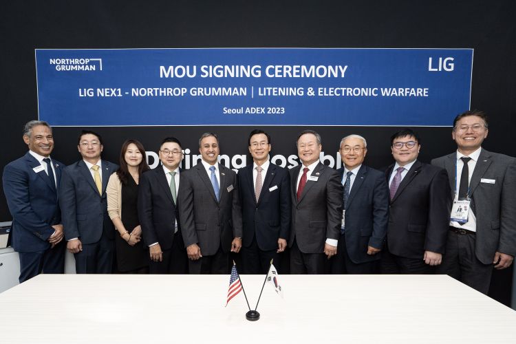 Murali Krishnan, vice president business development, Northrop Grumman Mission Systems (center left) and Ickhyun Shin, president, C4ISTAR Business Group, LIG Nex1 (center right) signed a Memorandum of Understanding for Northrop Grumman and LIG Nex1 to collaborate on electronic warfare capabilities at the Seoul International Aerospace and Defense Exhibition 2023. (Photo Credit: Northrop Grumman) Northrop Grumman and LIG Nex1 to Collaborate on Electronic Warfare Systems for Korea