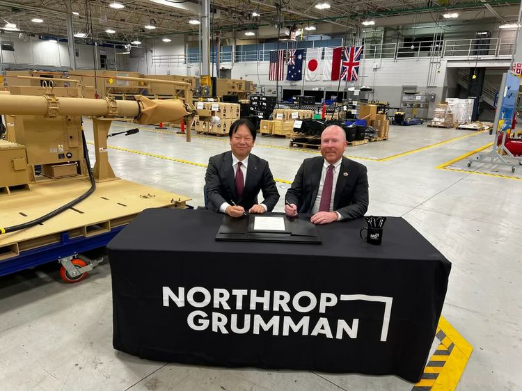 Masahiko Arai, corporate executive, group senior vice president, defense & space systems, Mitsubishi Electric Corporation, and Ian Reynolds, vice president, C4 missile defense business unit, Northrop Grumman, at the Huntsville Manufacturing Center. (Photo Credit: Northrop Grumman) Northrop Grumman and Mitsubishi Electric Collaborate to Elevate the Networking of Japan's Integrated Air Missile Defense Systems