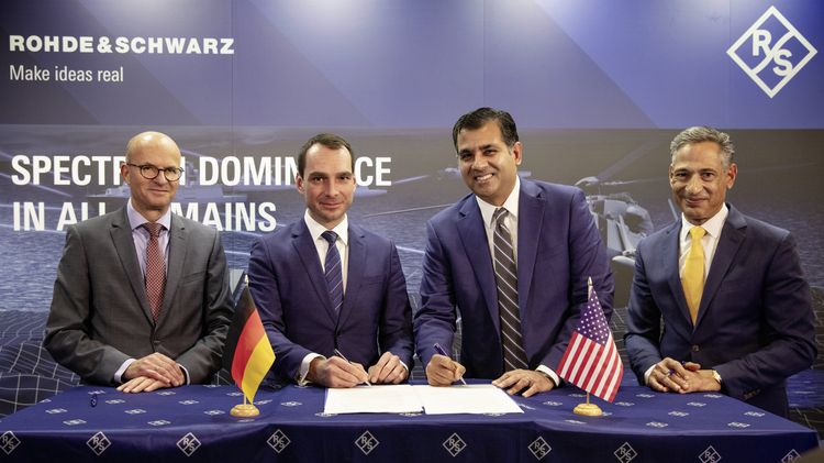 Stefan Pleyer, vice president, avionics, Rohde & Schwarz; Alexander Philipp, managing director, Rohde & Schwarz Vertriebs-GmbH; Adil Karim, vice president, strategy and mission solutions, Northrop Grumman; and Ahmed Selim, global director, business development, Northrop Grumman, sign a Memorandum of Understanding at the Berlin Security Conference on Thursday, Nov. 30, 2023 to support multi-domain operations and interoperability in Europe. (Photo Credit: Rohde & Schwarz) Northrop Grumman and Rohde & Schwarz Sign MOU to Support Multi-Domain Operations and Interoperability in Europe