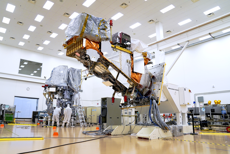 The Landsat 9 (background) and the Joint Polar Satellite System-2 (JPSS-2) satellites in Northrop Grumman’s Gilbert, Arizona satellite manufacturing facility. Northrop Grumman-built Landsat 9 Earth Observation Satellite to Transition Operations from NASA to US Geological Survey