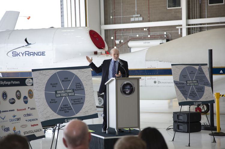 George Rumford, acting director and principal deputy, TRMC, delivers comments during SkyRange fleet expansion ceremony. Credit: Northrop Grumman Northrop Grummans RQ-4 RangeHawks Embark on New Mission