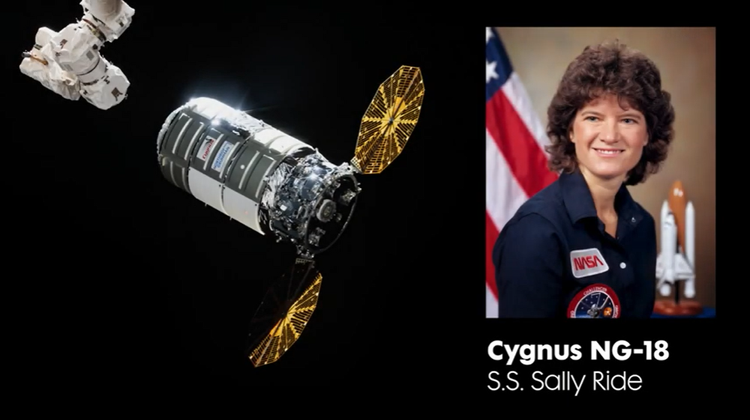 Click the image to watch a video of Kathy Warden, chair, chief executive officer and president, Northrop Grumman announcing the “S.S. Sally Ride.” Watch Northrop Grumman Names Next Cygnus Mission After Space Pioneer Sally Ride